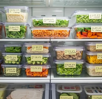 Organized fridge with labeled containers of vegetables for easy food storage.