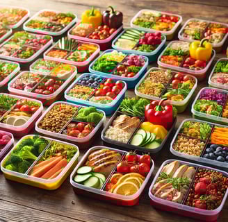 Colorful meal prep containers filled with balanced meals on a wooden table.