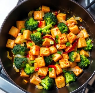 A quick and healthy meal prep featuring crispy tofu, vibrant broccoli, and a glossy, spicy sauce.