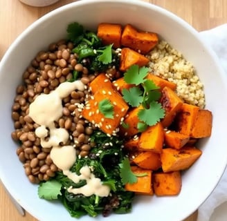 Nourishing lentil and spinach Buddha bowl with creamy tahini dressing