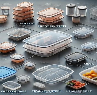 A detailed infographic illustrating different storage container materials, sizes, and uses for meal prep.