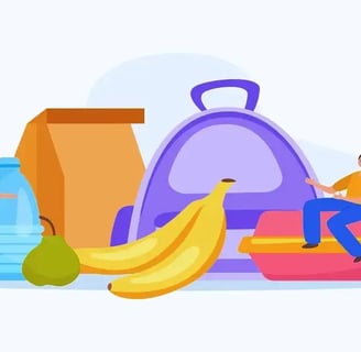 Illustration of meal prep essentials: lunchbox, backpack, water bottle, and fruits
