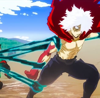 Deku em combate em My Hero Academia.