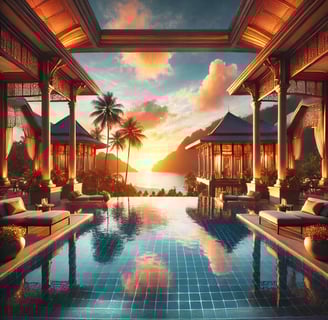 Imagem de hotel de luxo com piscina de borda infinita e um por do sol maravilhoso