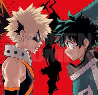 Dois personagens de anime se encarando em fundo vermelho
