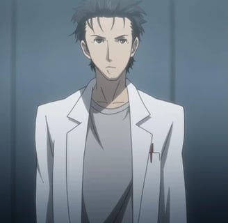 Rintarou Okabe em uma cena dramática de Steins;Gate.