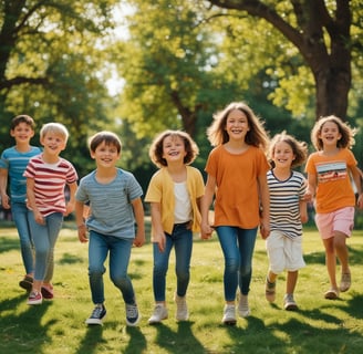 A line of children's clothes hanging on a clothesline outdoors. The dresses are in olive green, cream, and red colors, gently swaying in the breeze. The background features a clear blue sky with fluffy clouds and some green foliage.