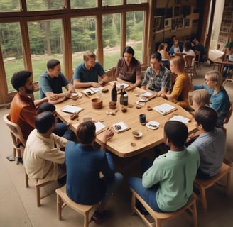 A group of people sit around a wooden table engaged in a discussion, with sheets of paper in front of them marked with diagrams and the words 'Diabetes Advocacy'. There is a bright, natural light coming from a nearby window, and everyone appears focused on sharing ideas, as some take notes with colored markers.