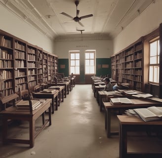 A group of children sitting in a row on a concrete step, each holding a booklet. The children are wearing a school uniform of green checked dresses, with the exception of one child wearing a blue and orange t-shirt. They are seated outside a school building with a brown and yellow exterior.