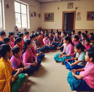 A classroom filled with young students wearing uniforms in shades of green and blue. The walls are adorned with chalkboards and posters, and natural light filters through a window. The students are seated at wooden desks, some are smiling while others look attentive.