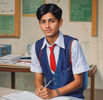 A group of children in school uniforms sit attentively in a classroom setting. The wooden desks and a chalkboard with writing in the background suggest a typical classroom environment. The children appear focused on someone or something outside the frame.