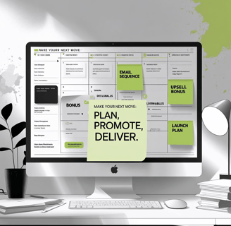 a desktop computer monitor screen displaying a plan to promote and email business