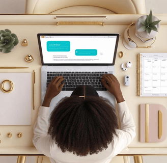 a woman sitting at a desk with a laptop and a phone chatting with Ai creating her biz