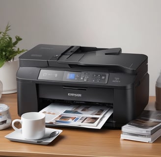 An Epson dot matrix printer with control buttons and a stack of continuous form paper loaded. The printer appears to be in an office or workspace setting.