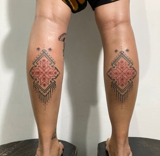 An handpoked tattoo featuring art ornaments songket melayu motive star pattern inspired