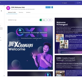 Chamber XChange welcome hub with sidebar links and a spotlight message for new members.
