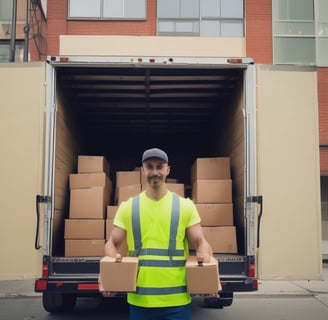 Livreur portant un gilet fluo entrain de sortir de son camion avec un ou plusieurs cartons