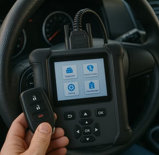 Close up of a car key fob being programmed with a diagnostic tool inside a vehicle.