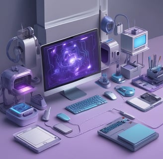A table cluttered with a variety of electronic components and decorative items. A potted fern sits atop a blue speaker, next to a smaller purple speaker. A vintage oscilloscope is surrounded by wires and circuit boards. A small blue figurine stands next to a black potted plant. In the foreground, colorful electronic projects are strewn across the surface.