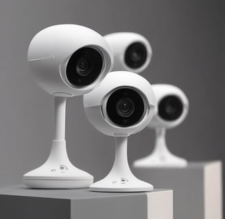 Four spherical security cameras with a glossy white finish are positioned in a row, each featuring a prominent lens and the brand name 'Briton' visible on their bases. The background is dark, contrasting with the brightly lit cameras.