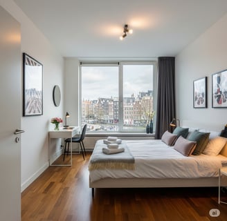 Spacious and bright bedroom in a modern Amsterdam apartment, offering comfort