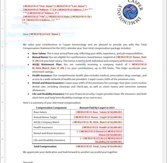 model total compensation statement with programmed mail merge field codes and switches in red