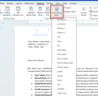screenshot showing the Insert Merge Field dropdown list of available merge fields