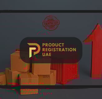 Cardboard boxes and red export arrow with a certified stamp, overlaid by Product Registration UAE logo.