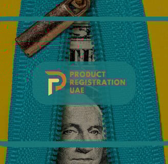 Zipped money background with Product Registration UAE logo, symbolizing hidden costs of product rejection.