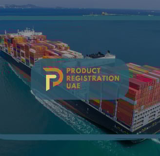 Cargo ship carrying containers at sea with Product Registration UAE logo overlay.