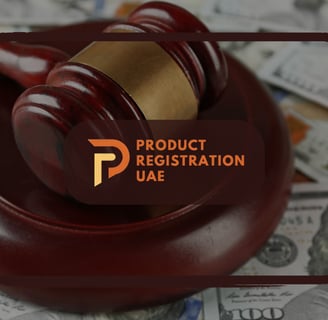 Judge's gavel resting on US dollar bills for penalties, overlaid with Product Registration UAE logo