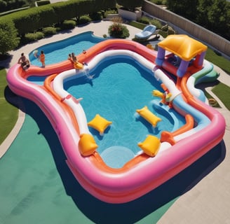 a pool with a water slider and a slider in the middle of the
