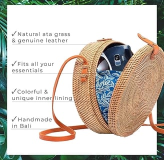 Novum Crafts Round Rattan Bag for Women - Handmade Ata Wicker Woven Purse - Circle, Square, Oval Brown Straw Boho Bags
