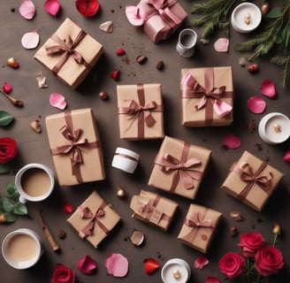 a bunch of gift boxes with pink roses and candles