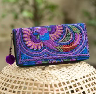 One of a Kind Hmong Hill Tribe Embroidered Women Wallet Purse with Pom Pom Zip Pull