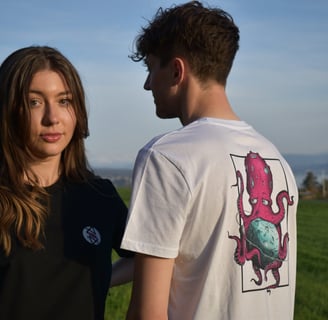 Male and female models wearing personalized t-shirts featuring a graphic octopus print