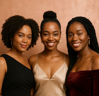Four radiant Black women smiling with warmth and strength, representing sisterhood and soulful unity