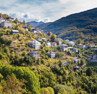 a mountaintop with a lot of trees and houses