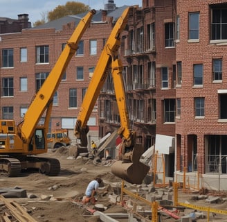 A bustling construction site surrounded by greenery, with metal beams and columns in various stages of assembly. Two large cranes, one black and another orange, are positioned prominently, aiding in the construction efforts. In the background, a residential building with red and white patterns is visible beyond a line of trees.