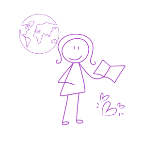 Female stick figure holding an open book. Earth above hear and hearts floating in air.