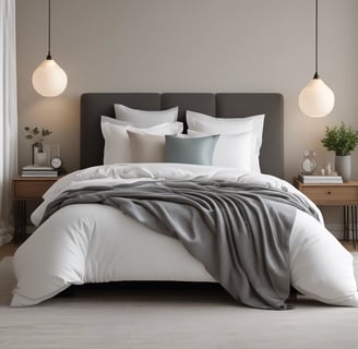 A warmly lit bedroom with two single beds. Each bed features white pillows and a red patterned bedspread. A wooden headboard is visible behind the beds, and a table lamp sits between them on a small nightstand. Above the lamp hangs a framed painting. Sunlight pours into the room from the left, casting soft, elongated shadows.