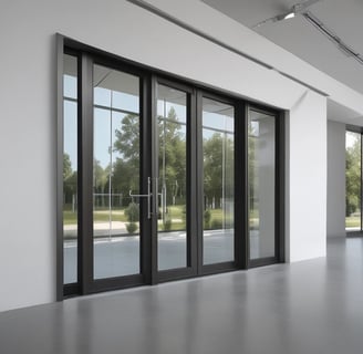 A modern and minimalistic office space featuring a wooden desk and a grey office chair. Large windows with frosted glass create an airy atmosphere, with green leafy plant patterns visible on the glass, giving the illusion of a garden outside. The room is lit softly by pendant lights hanging from the ceiling, and office supplies neatly placed on the desk.
