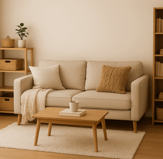 Cozy living: Minimalist living room with earthy tones, neatly organized shelves, and woven baskets.