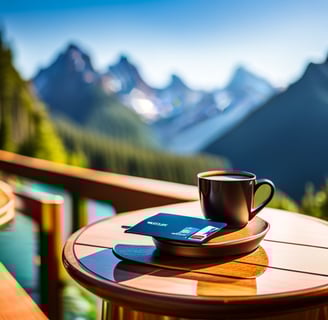 a cup of coffee and a credit card on a table_nomadic lifestyle with Kay
