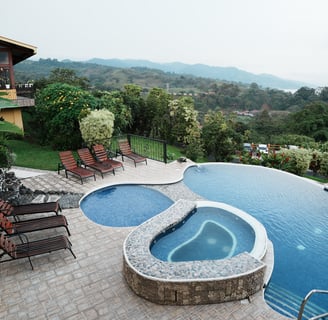 The Scenic view of pool and landscapes of Hotel Linda Vista in the morning with whereiskay