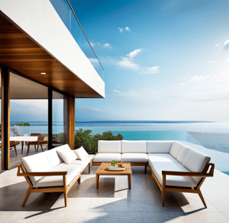 a couch with white cushions and a table with a table with a glass top