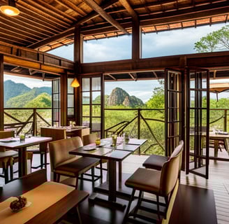 a restaurant with a view of the mountains