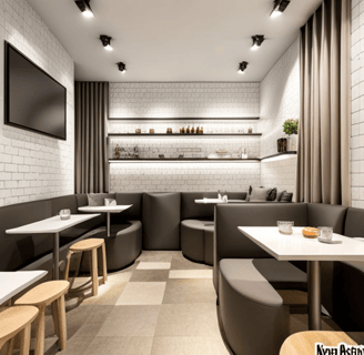 a restaurant with a large white brick wall and a television