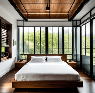 a bed with a large bed and a wooden floor