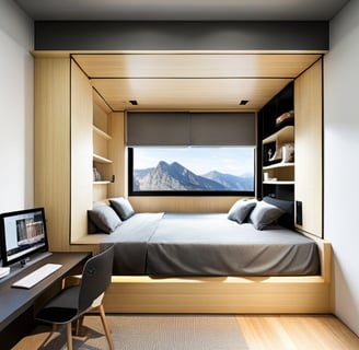 a bed with a desk and a computer